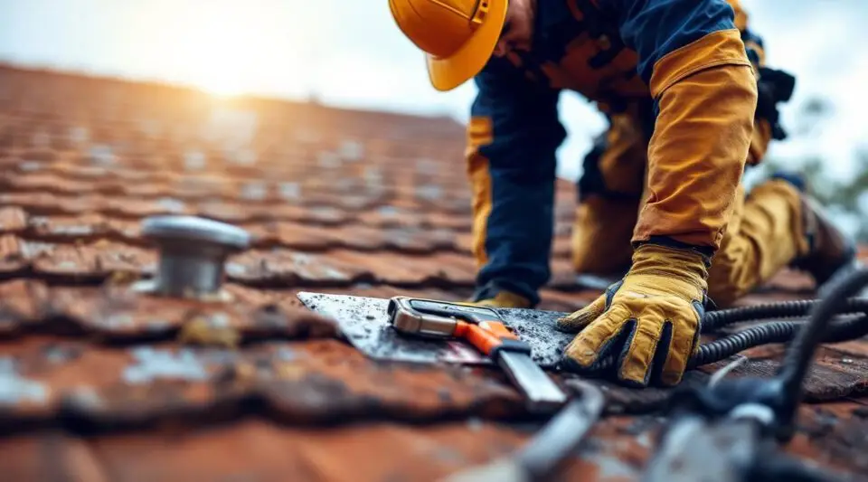Professional roofing inspector examining asphalt shingles and flashing on a Centerville home during a roof inspection.