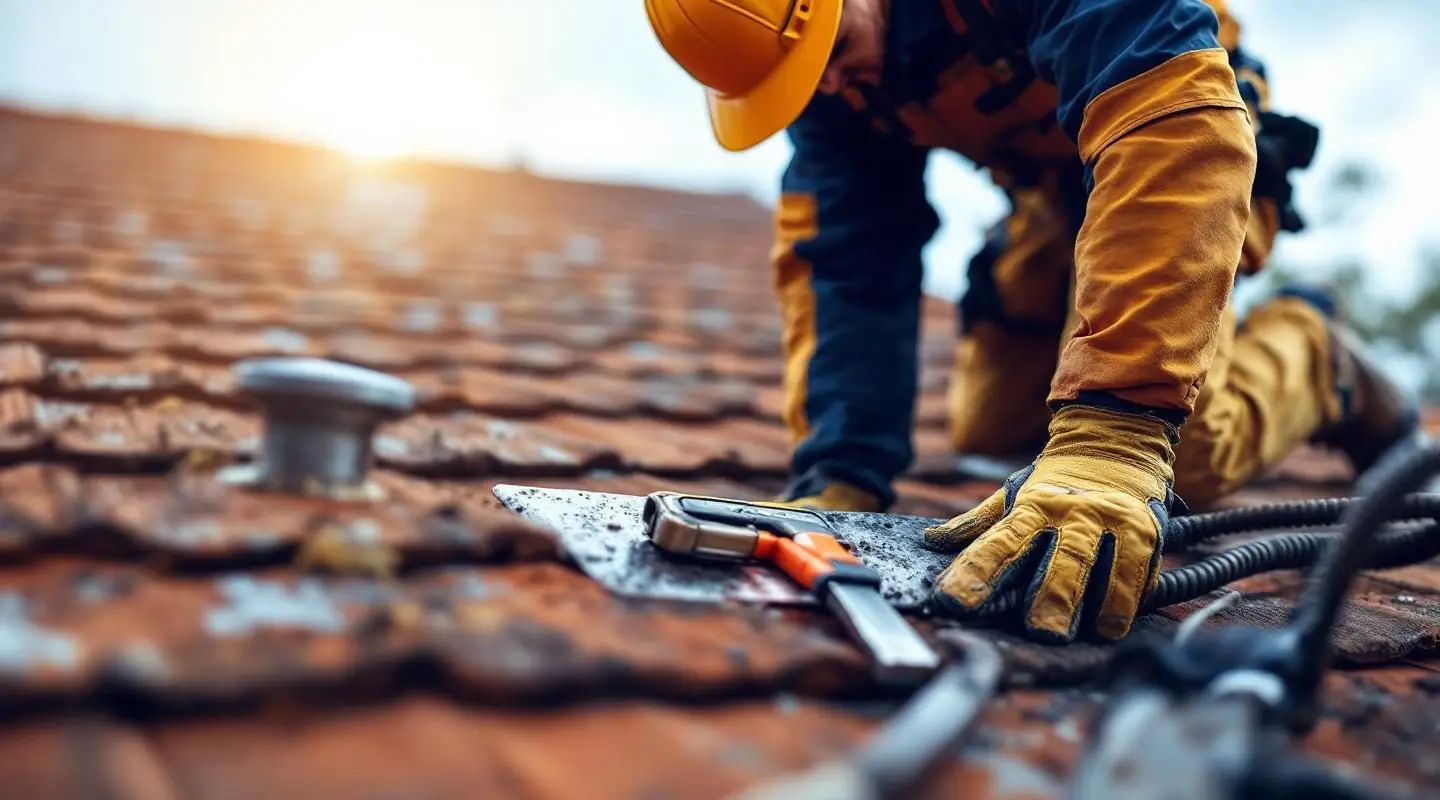 Professional roofing inspector examining asphalt shingles and flashing on a Centerville home during a roof inspection.