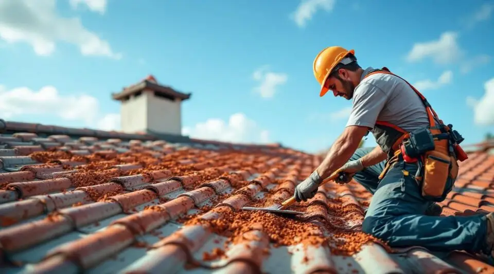 A commercial building in Centerville featuring a newly installed terracotta clay tile roof under clear blue skies.