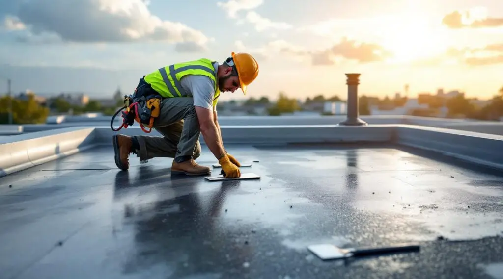 A commercial roofing crew installing a durable black EPDM rubber membrane on a flat roof deck in Centerville, Ohio.