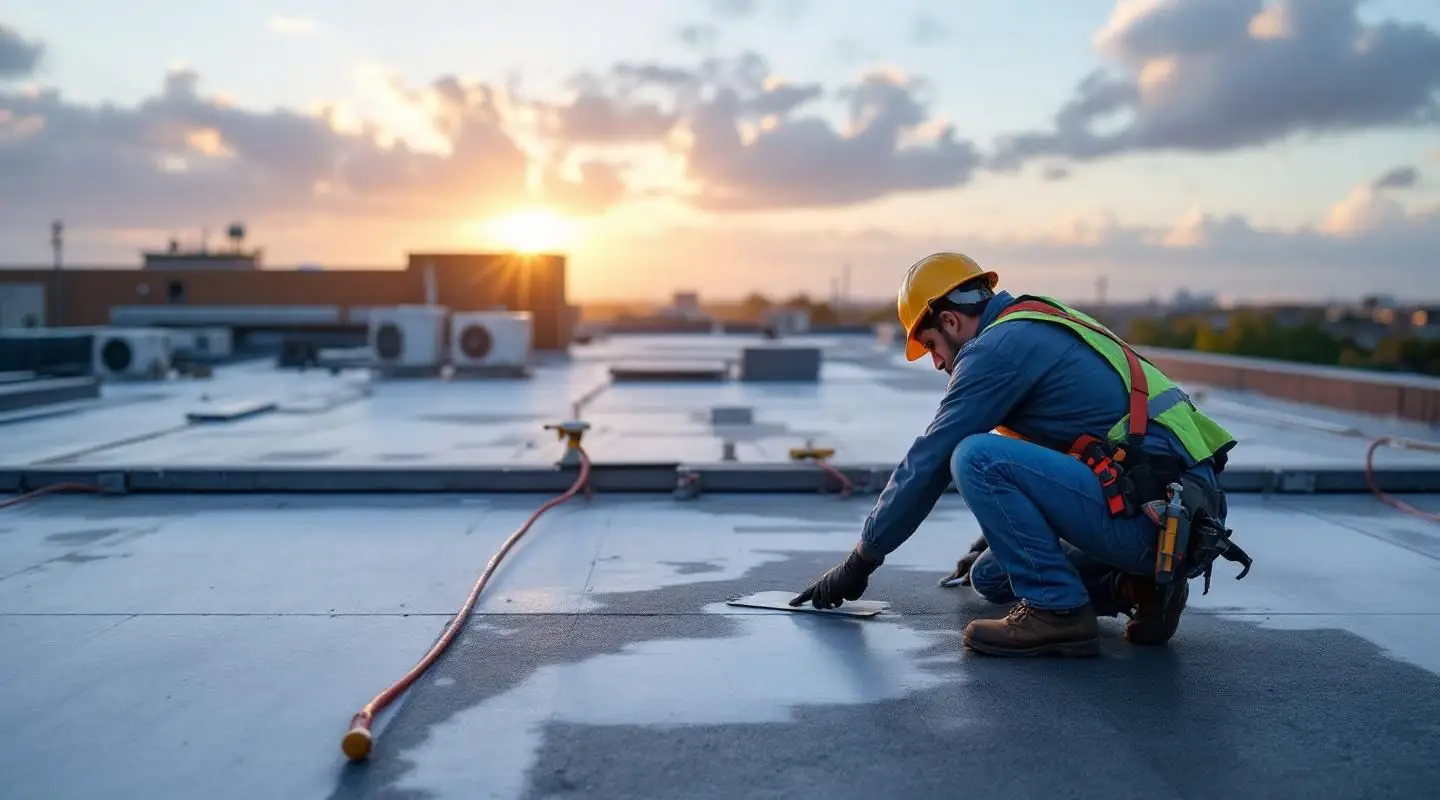 A professional roofing crew installing a durable TPO flat roof on a local Centerville commercial building.