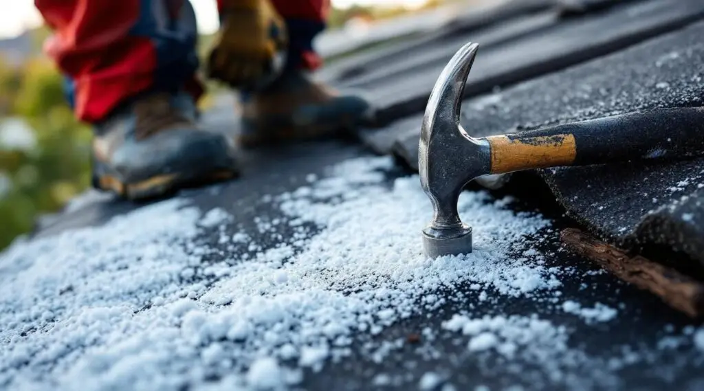 A professional roofer carefully inspecting damaged asphalt shingles near a chimney flashing on a Centerville home.
