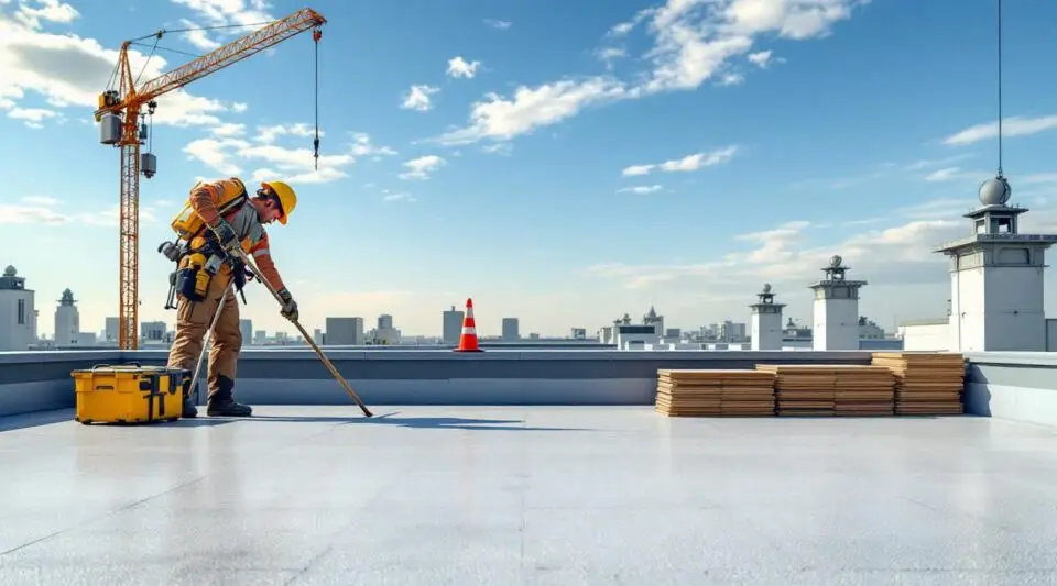 Professional roofing crew heat-welding a white TPO flat roof membrane on a commercial facility in Centerville.
