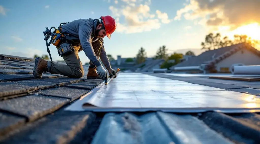 Professional roofing crew installing clean architectural shingles on a suburban home in Centerville under clear daylight.
