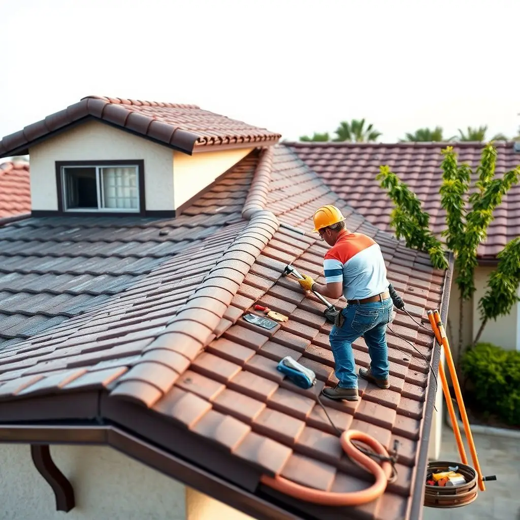 A professional roofing crew installing new asphalt shingles on a suburban home in Centerville under a clear sky.