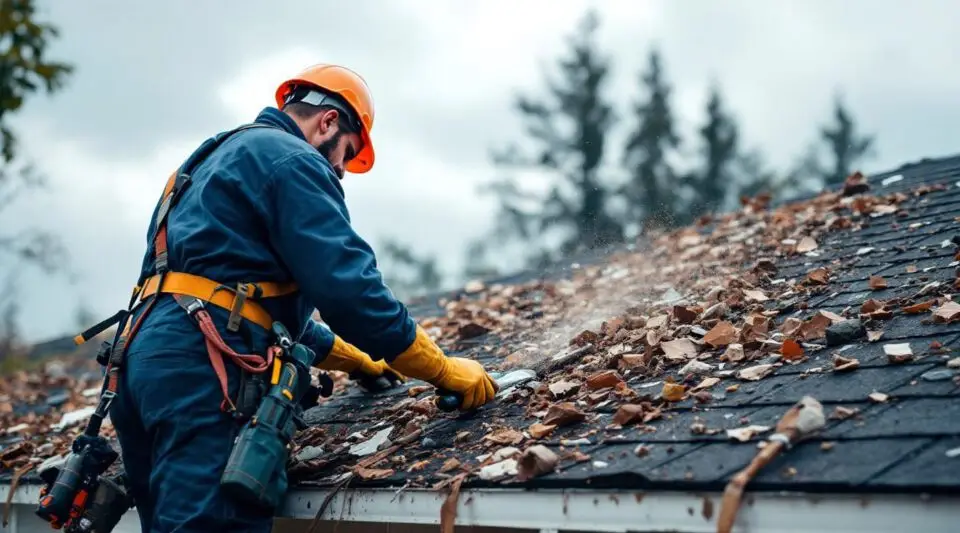 Heritage Ridge Roofing crew installing protective tarps on a wind-damaged shingle roof in Centerville.
