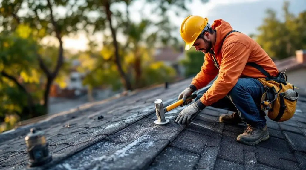 Professional roofer replacing damaged asphalt shingles on a residential home in Centerville under clear blue skies.