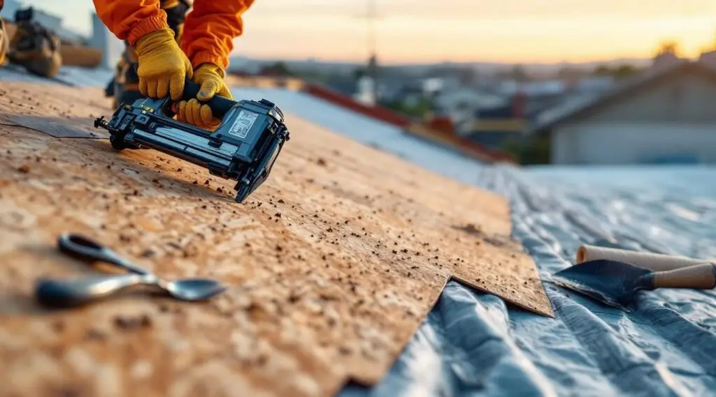 Professional roofing crew laying down new asphalt shingles on a residential home in Centerville.