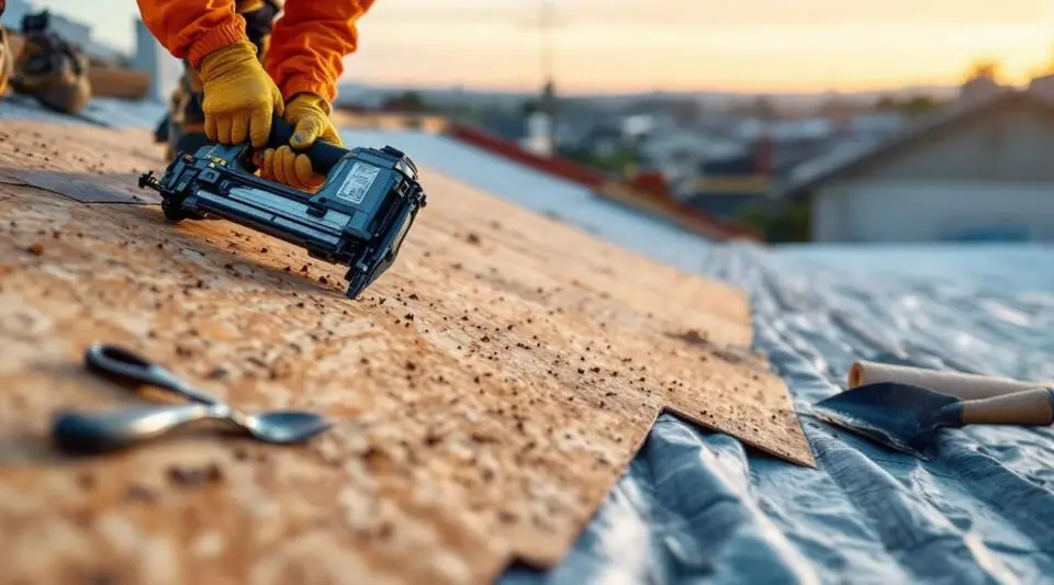 Professional roofing crew laying down new asphalt shingles on a residential home in Centerville.