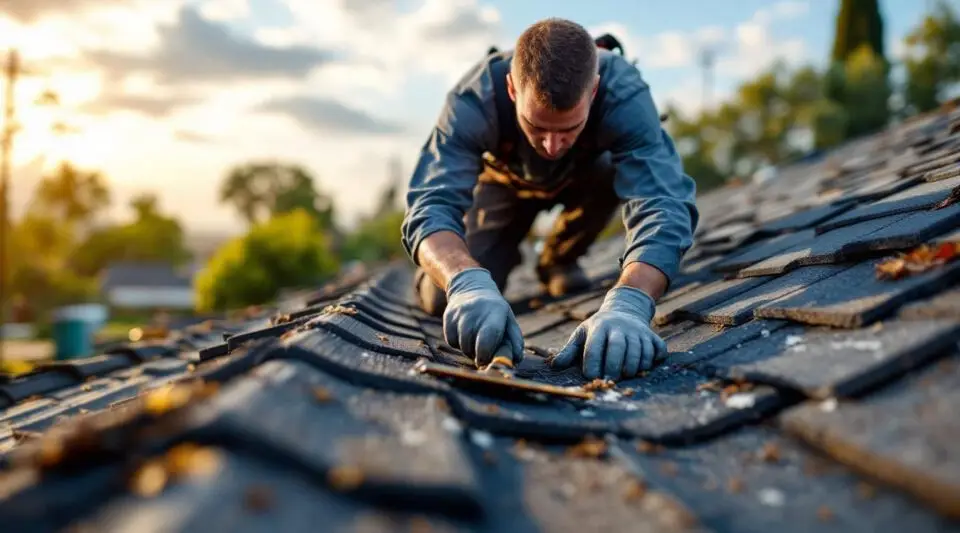 Professional roofing crew installing heavy-duty architectural asphalt shingles on a Centerville commercial facility.