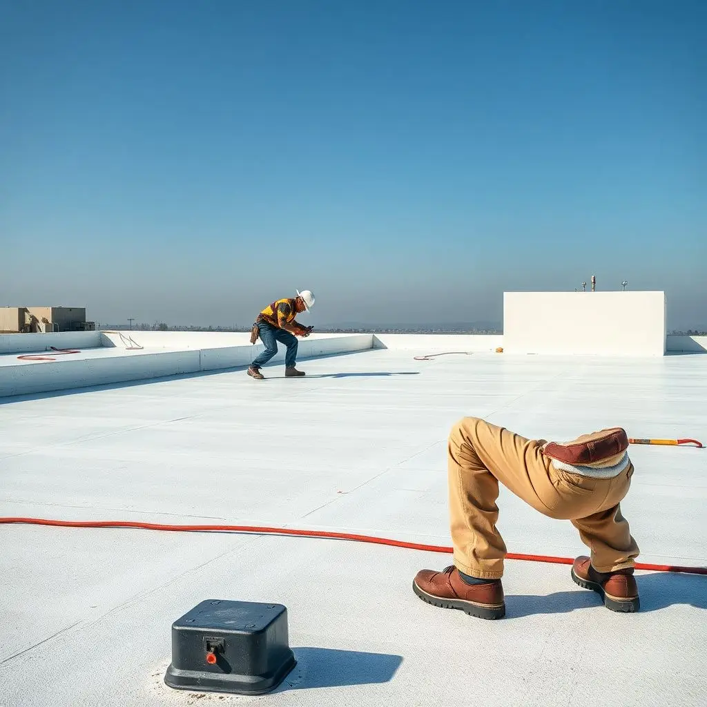 Commercial roofing crew repairing a TPO membrane on a flat warehouse roof in Centerville under bright morning light