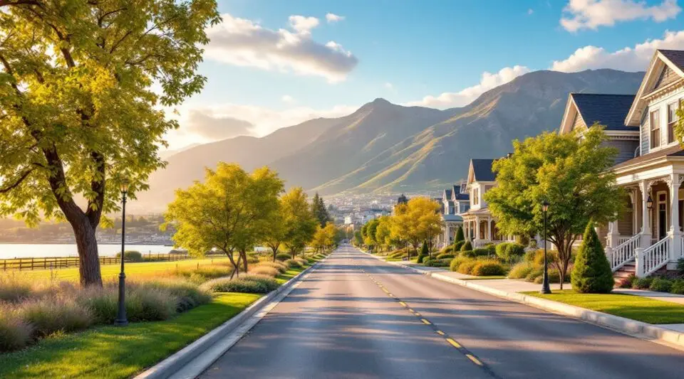 A residential street in Clinton, Utah, showing single-family homes with asphalt shingle roofs under a clear Wasatch Front sky.