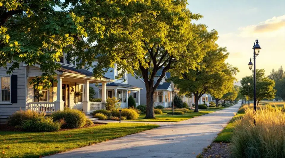 A residential street in Roy, Utah during late autumn, with a roofing crew preparing to install asphalt shingles on a ranch-style home.