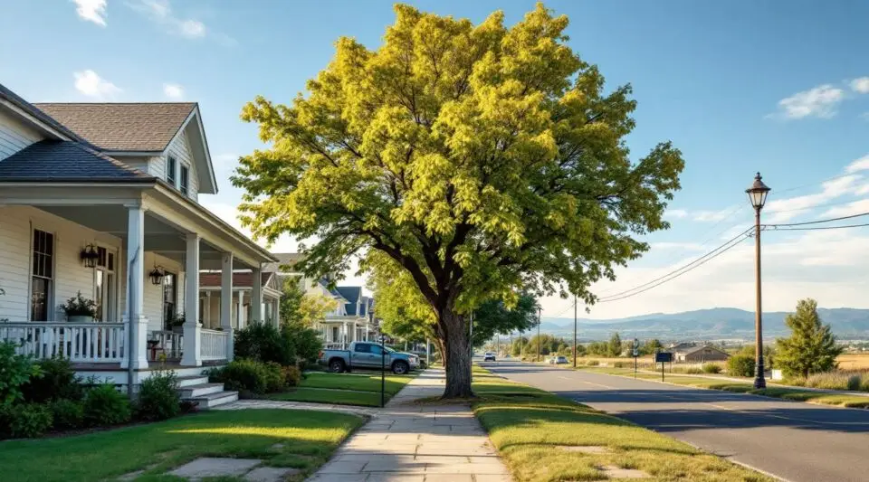 A residential street in Syracuse, Utah, with modern asphalt shingle roofs under a clear sky near the Great Salt Lake.