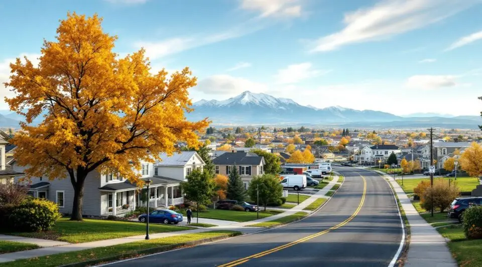 A residential roof on Ogden's East Bench with the snow-capped Wasatch Range rising in the background under clear skies.