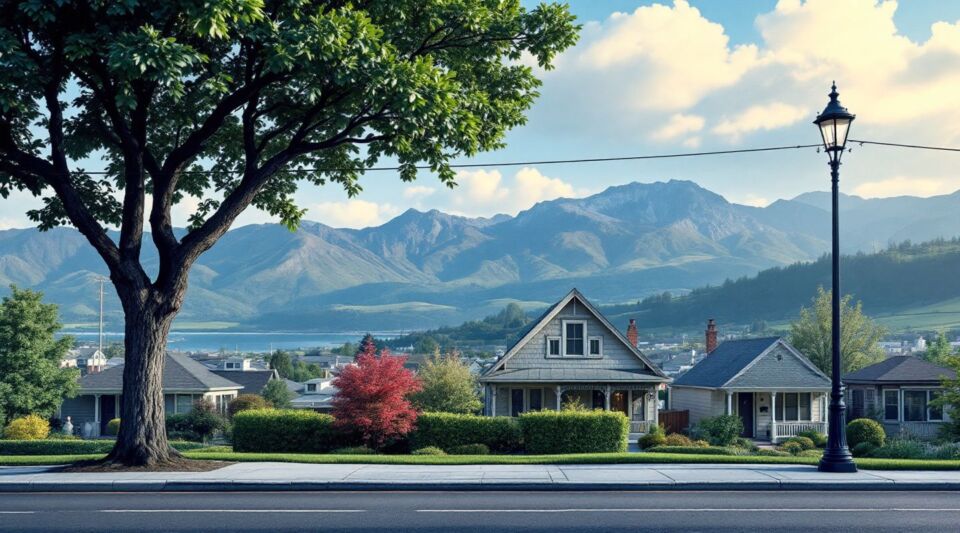 A residential roof replacement in progress in a Centerville neighborhood with the steep Wasatch Range foothills in the background.
