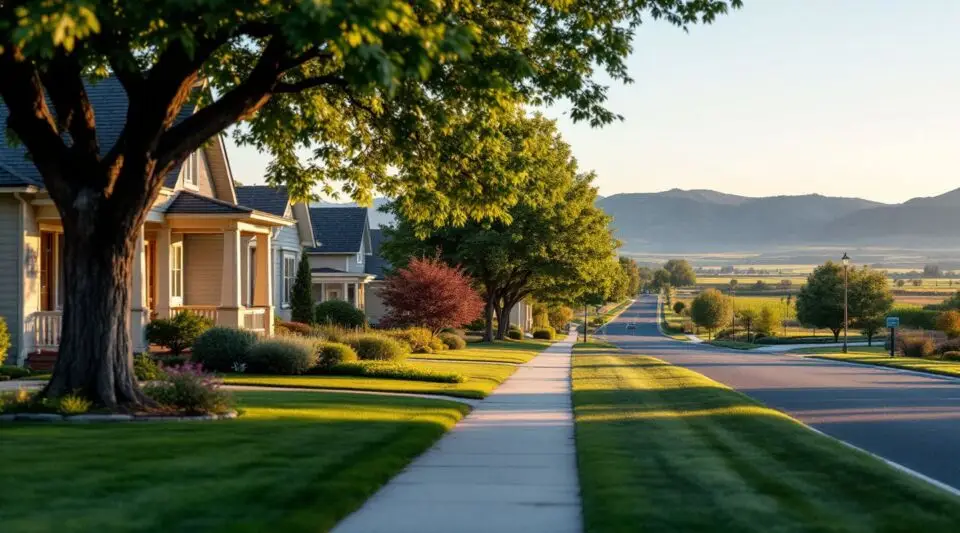 A residential street in Kaysville, Utah with the snow-capped Wasatch Range rising in the background behind a newly shingled roof.