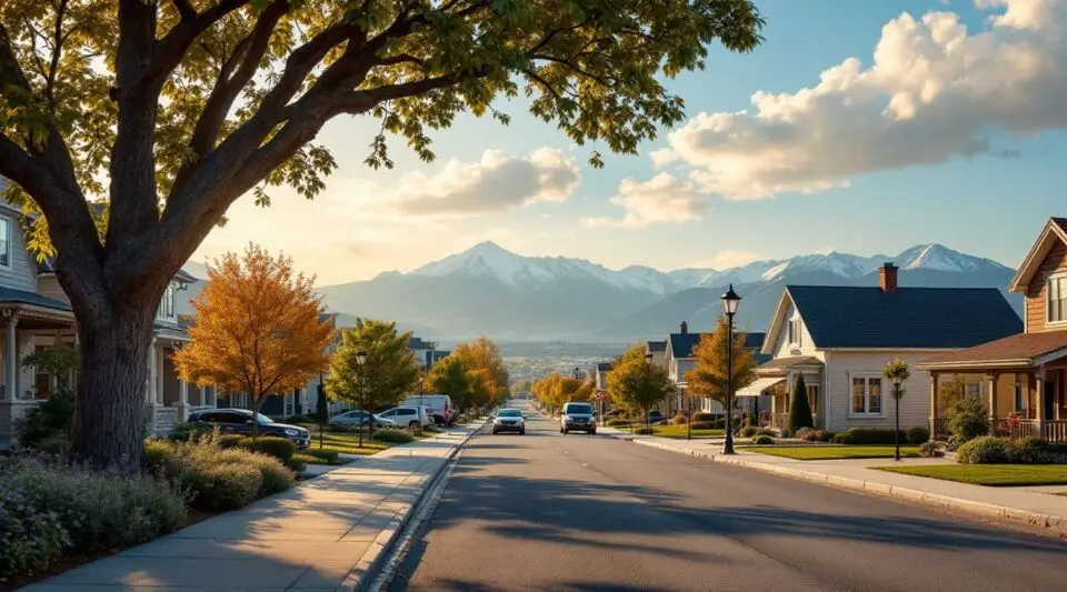 A residential street in Layton, Utah, showing homes with asphalt shingle roofs under the Wasatch Range foothills.